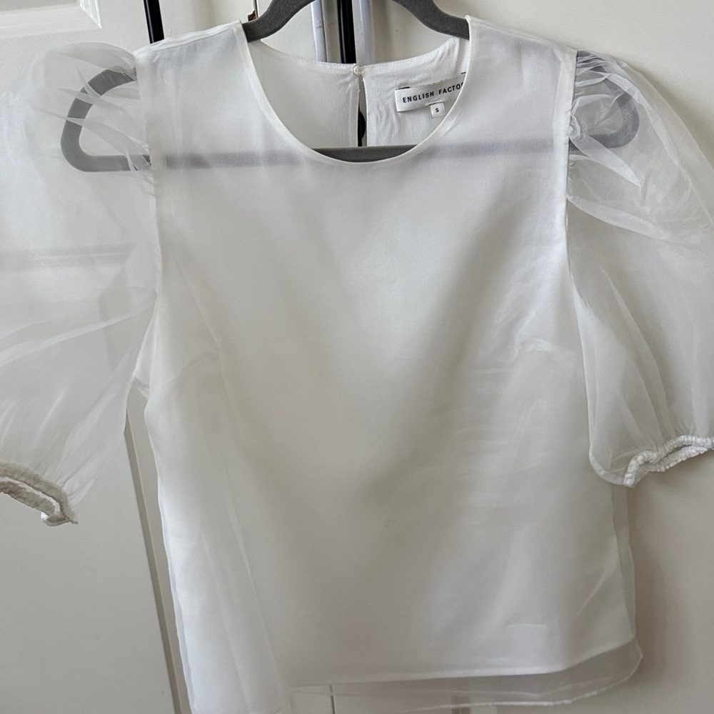 English Factory White Sheer Blouse with Puff Sleeves